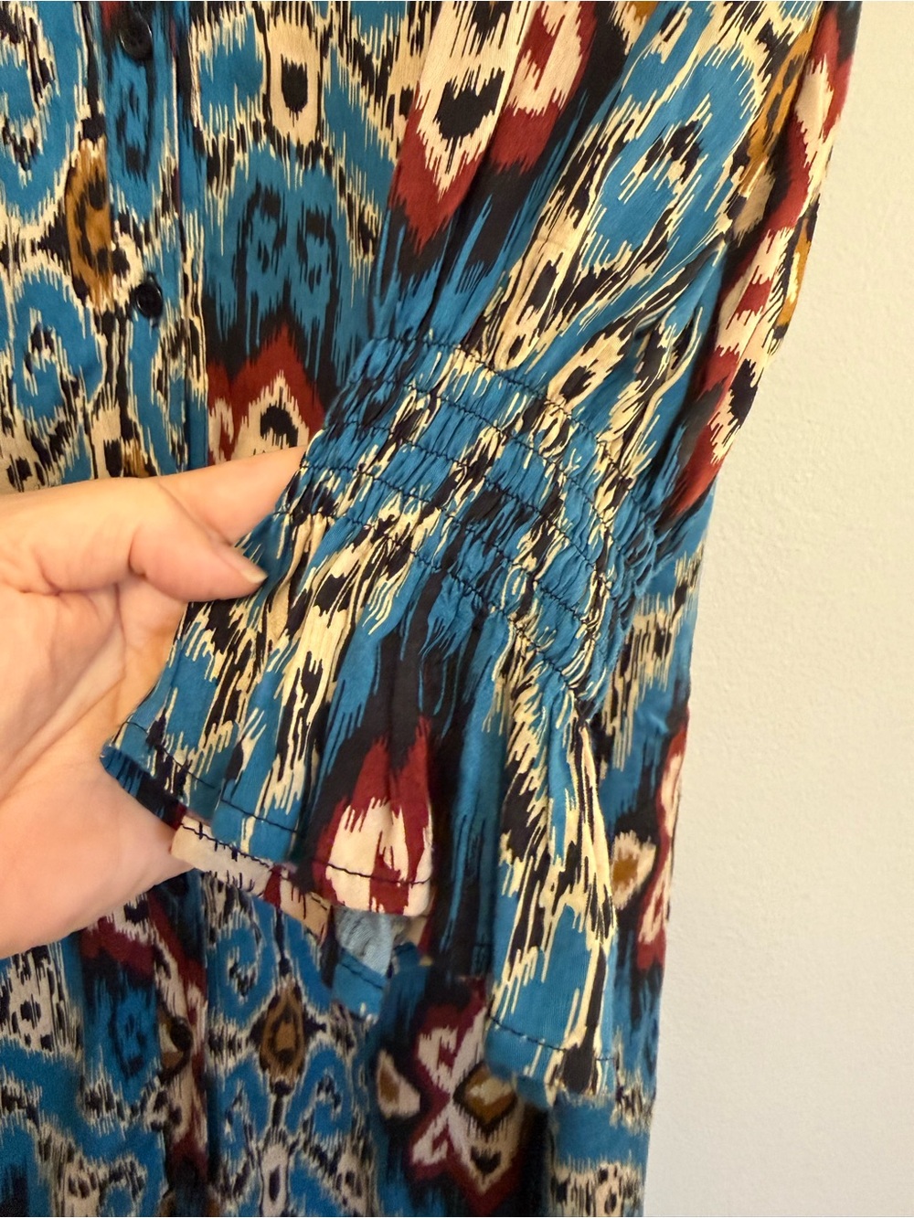 Finley Blue Boho Ikat Western Button Down 3/4 Sleeve Shirt Dress Size M - Picture 4 of 8